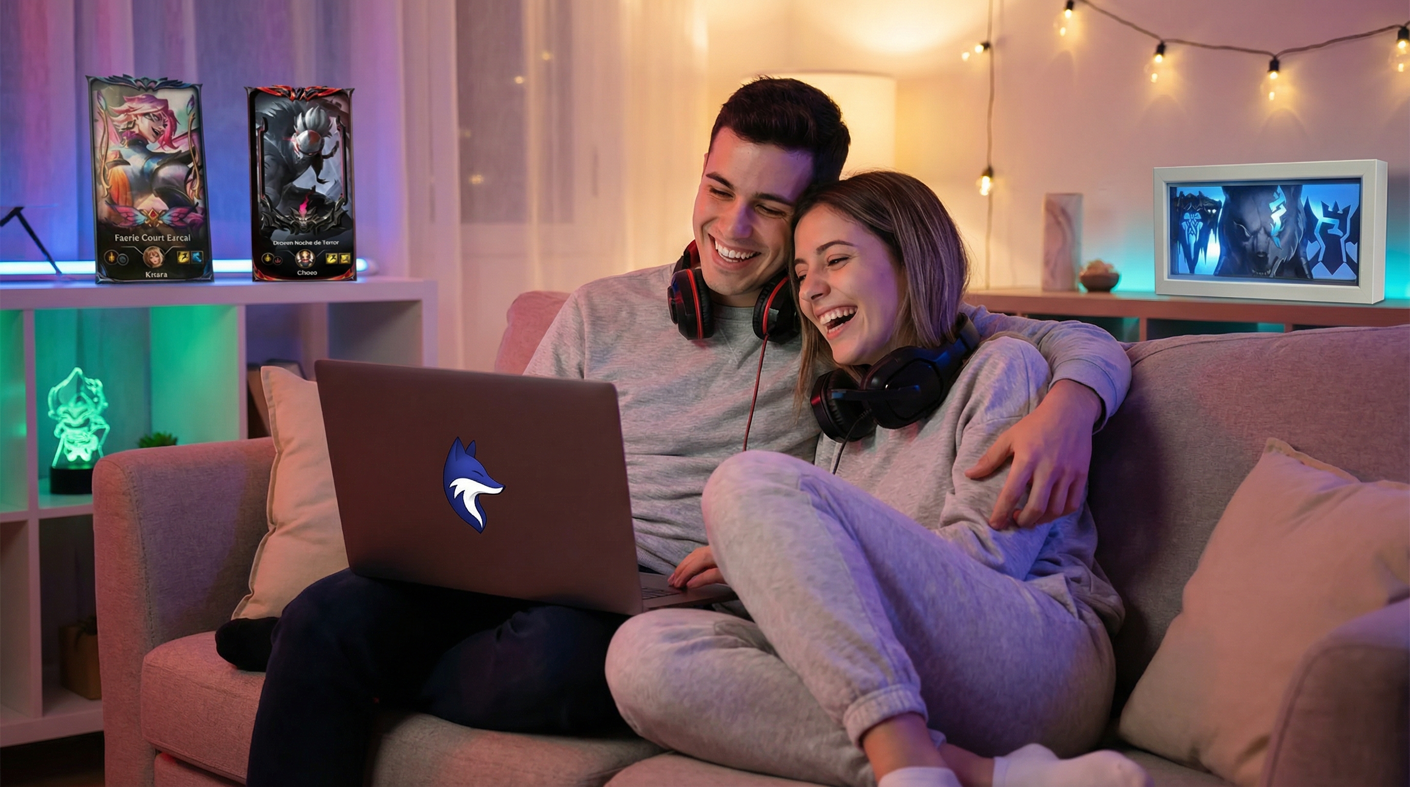 Pareja gamer celebrando San Valentín con regalos de League of Legends