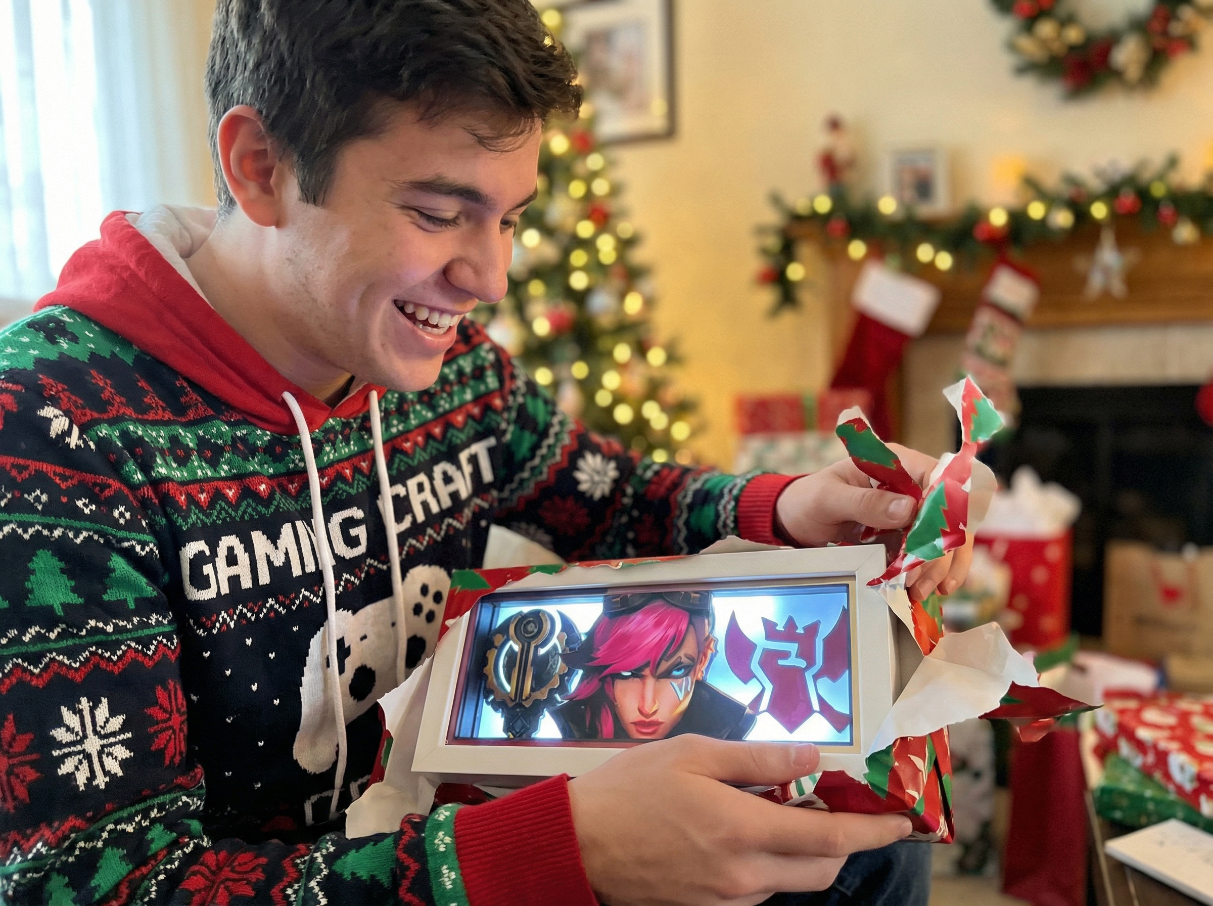 Joven gamer abriendo un regalo de League of Legends en Navidad