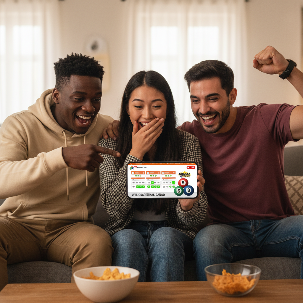 Amigos celebrando resultados de lotería