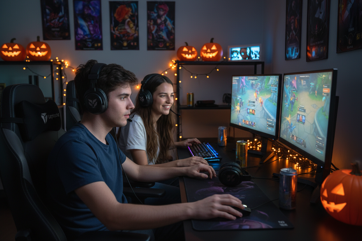 Pareja de gamers jugando LoL en Halloween