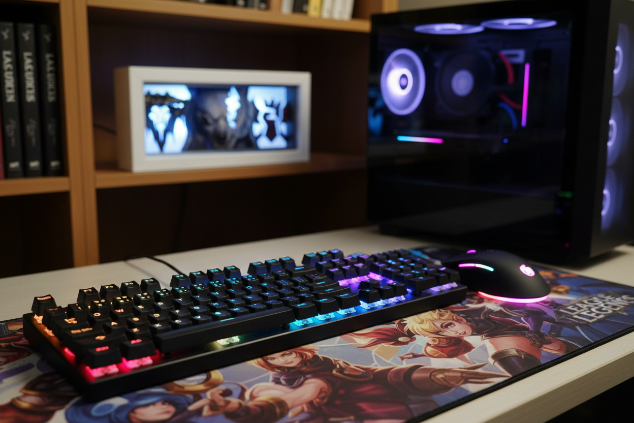 Setup gamer con periféricos y decoración de LoL
