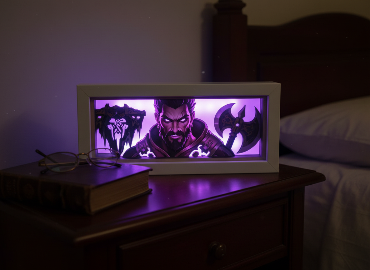 Lámpara de campeón de League of Legends en una mesita de noche.