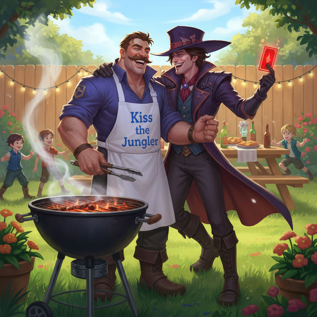 Graves y Twisted Fate como padres en una barbacoa.
