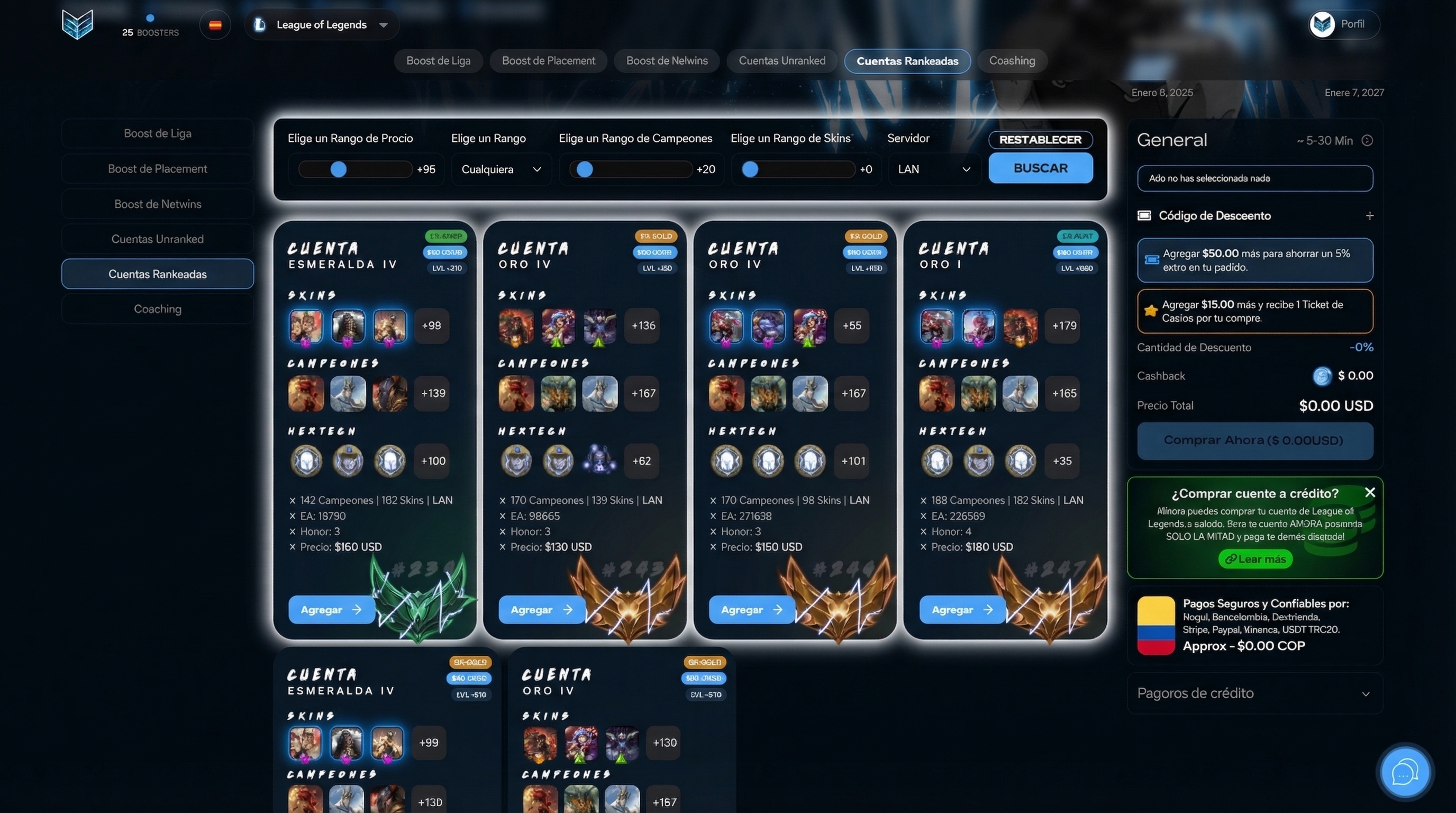 Selecci&oacute;n de cuentas rankeadas de LoL en EZLOL.GG