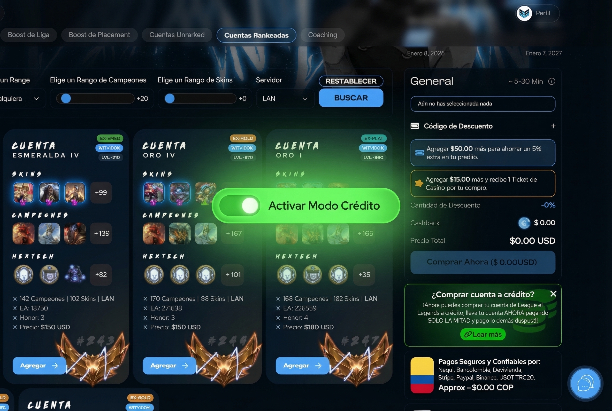 Activar modo cr&eacute;dito en el checkout de EZLOL.GG