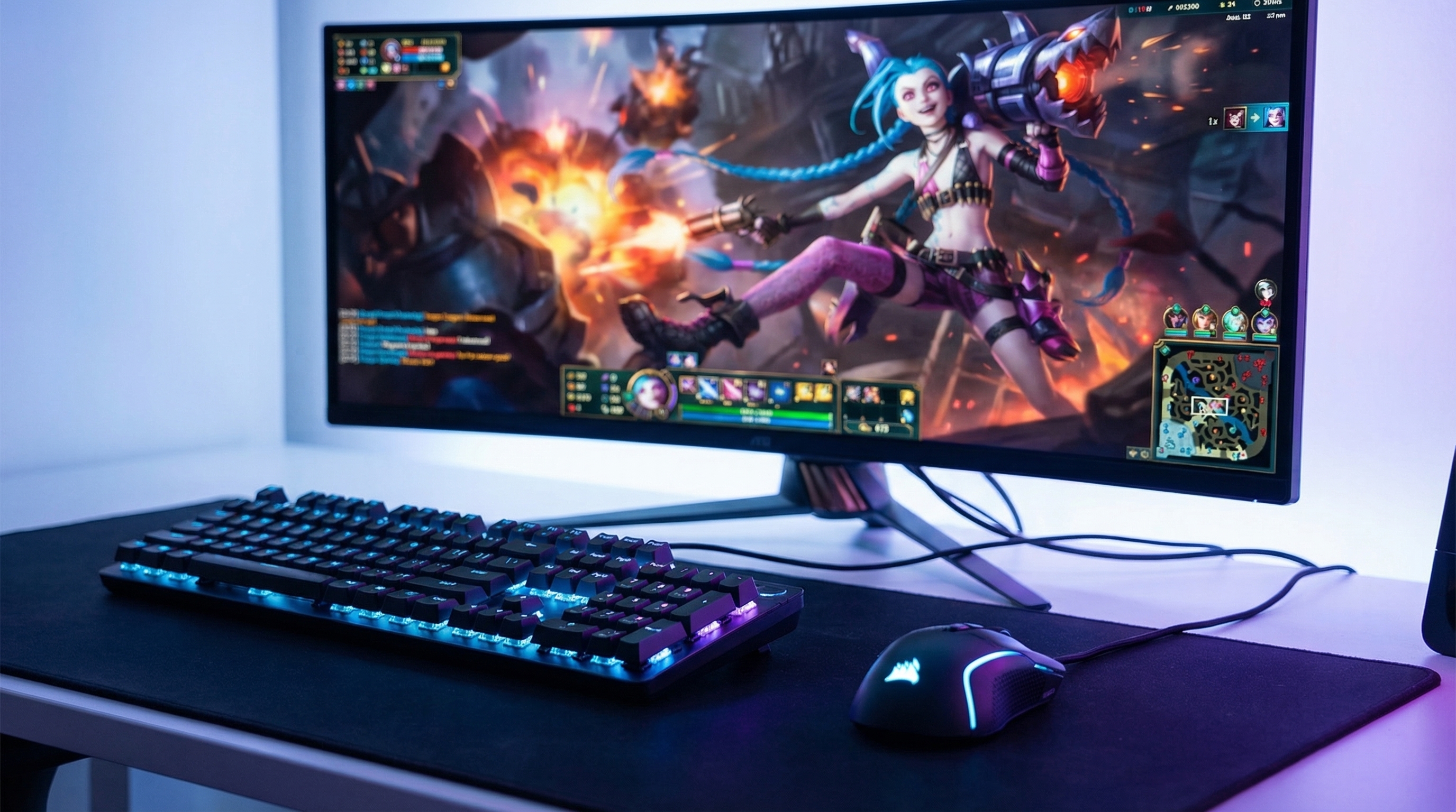 Setup de gaming listo para jugar League of Legends
