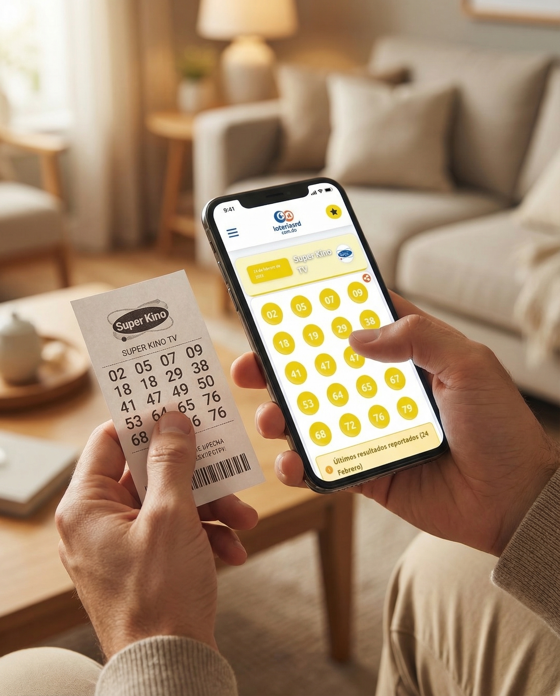 Persona revisando un ticket de Super Kino TV con los resultados de ayer