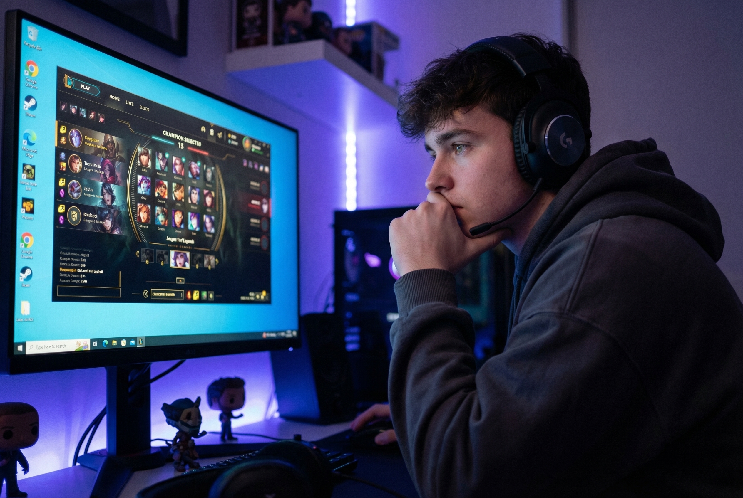 Joven gamer pensando qué cuenta de LoL comprar