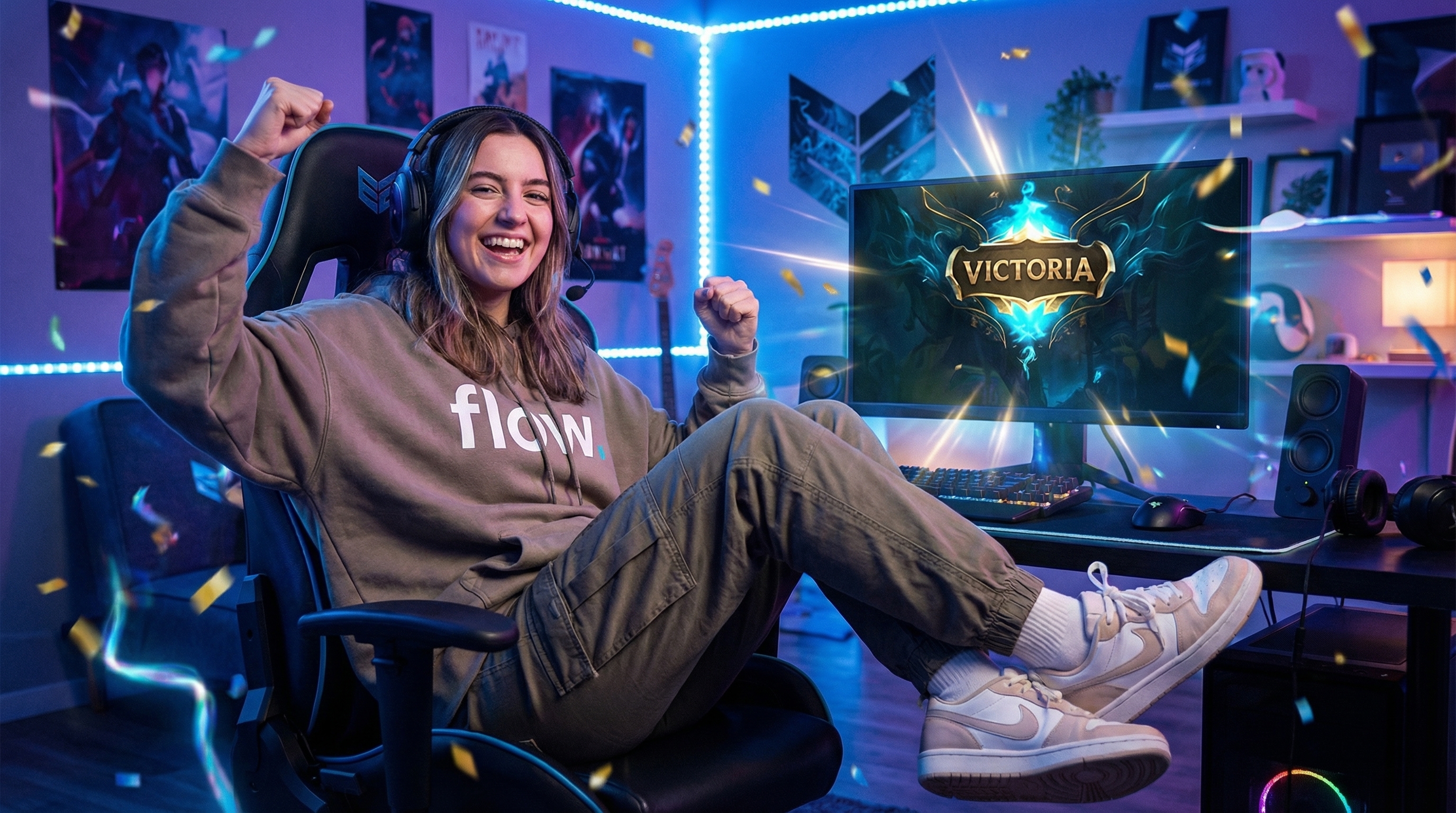 Jugadora de LoL celebrando una victoria