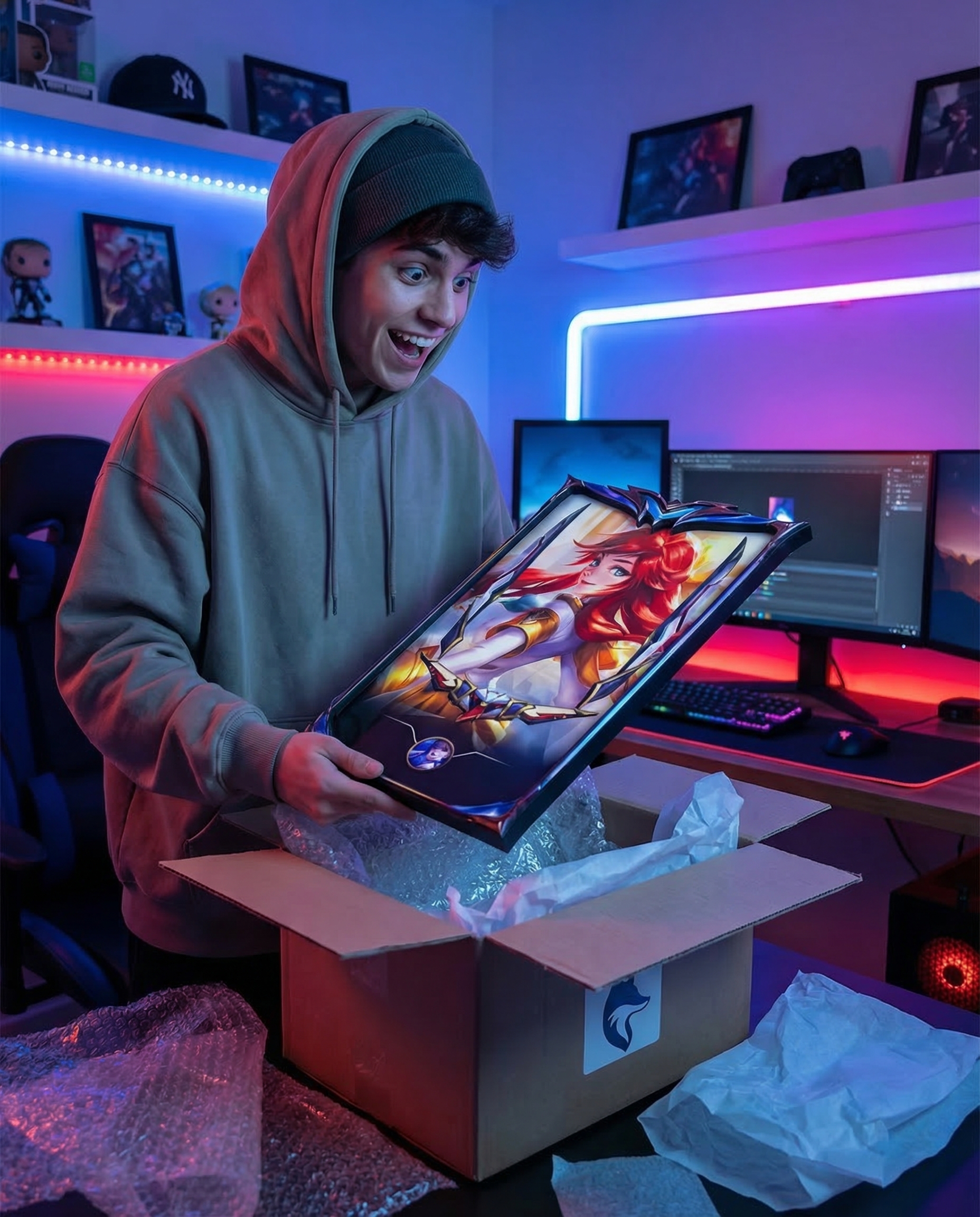 Joven recibiendo un cuadro personalizado de Zethacraft