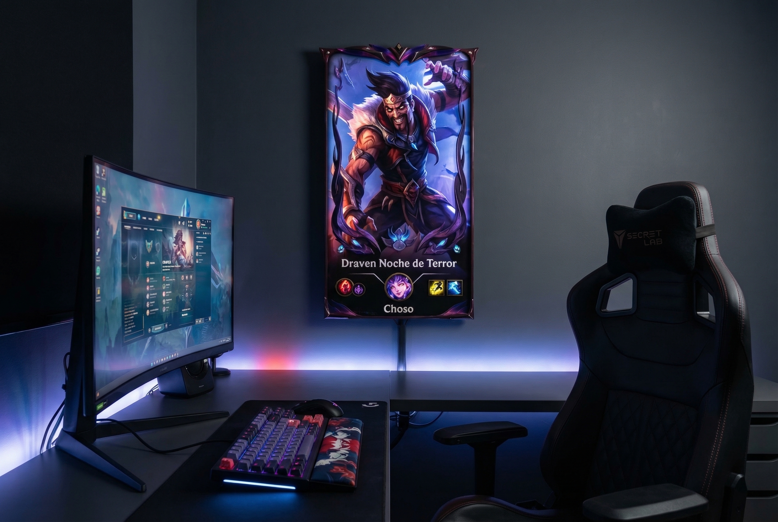 Setup gamer con un cuadro de Zethacraft en la pared