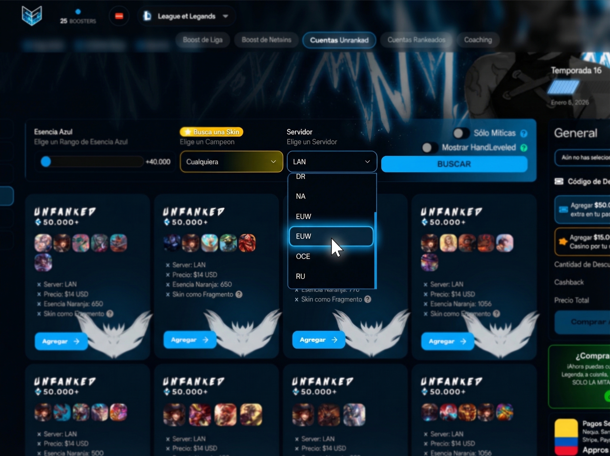 Seleccionar servidor EUW en ezlol.gg