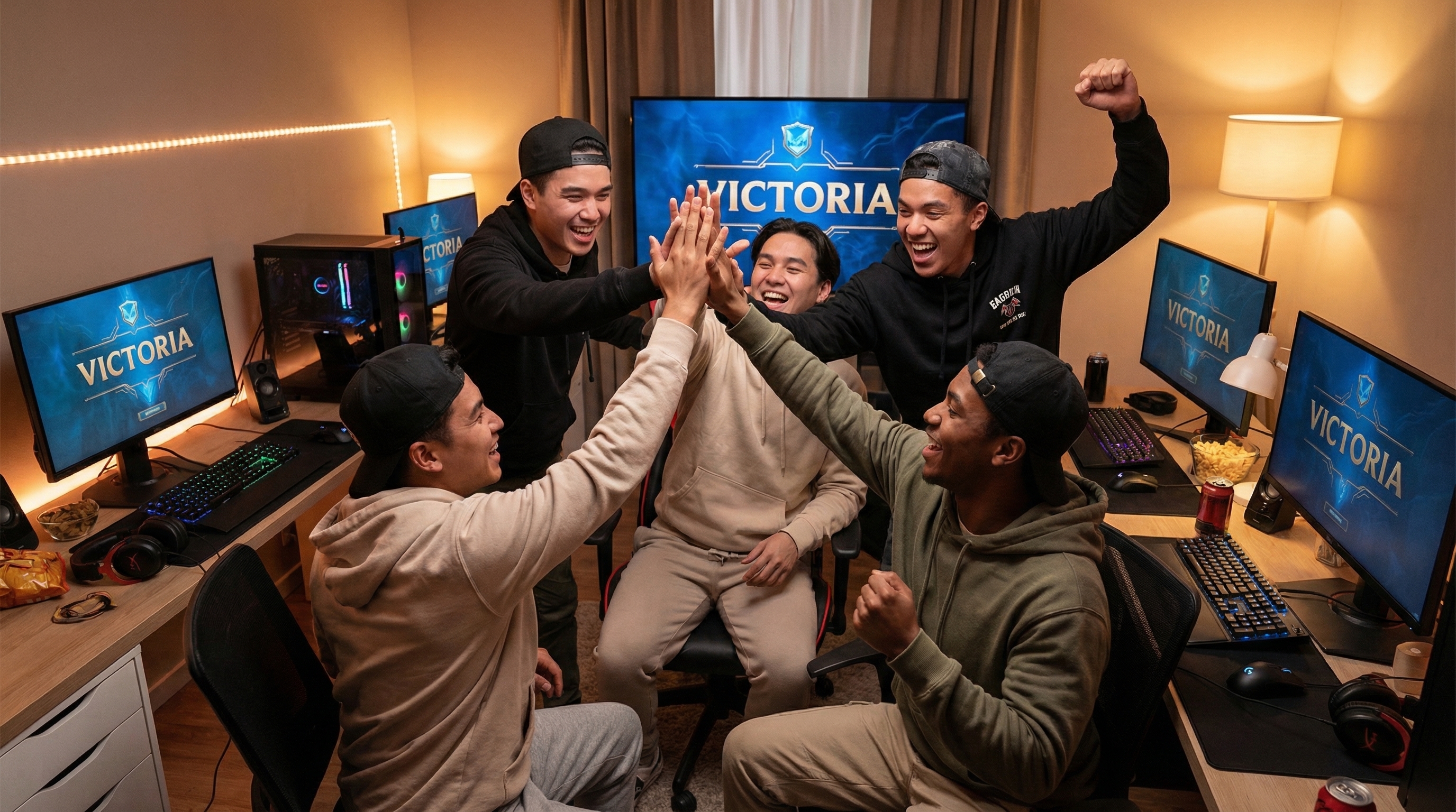 Grupo de amigos celebrando una victoria en League of Legends