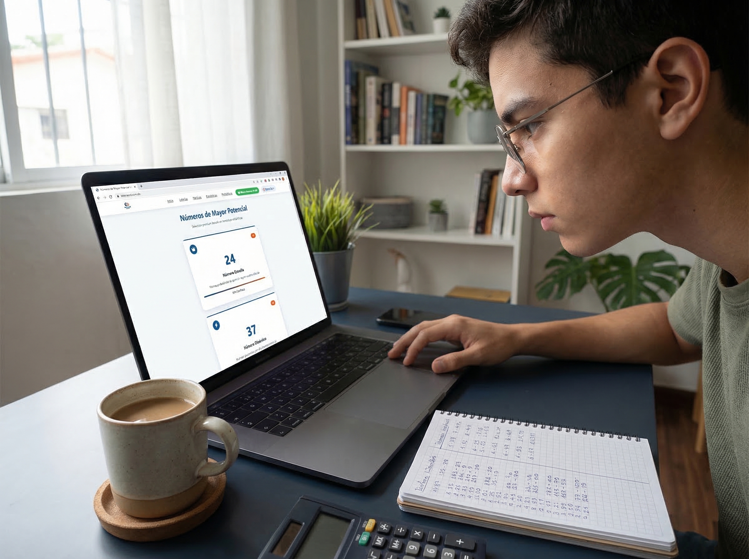 Persona analizando datos de loter&iacute;a en una tablet, con gr&aacute;ficos y n&uacute;meros, en un ambiente relajado