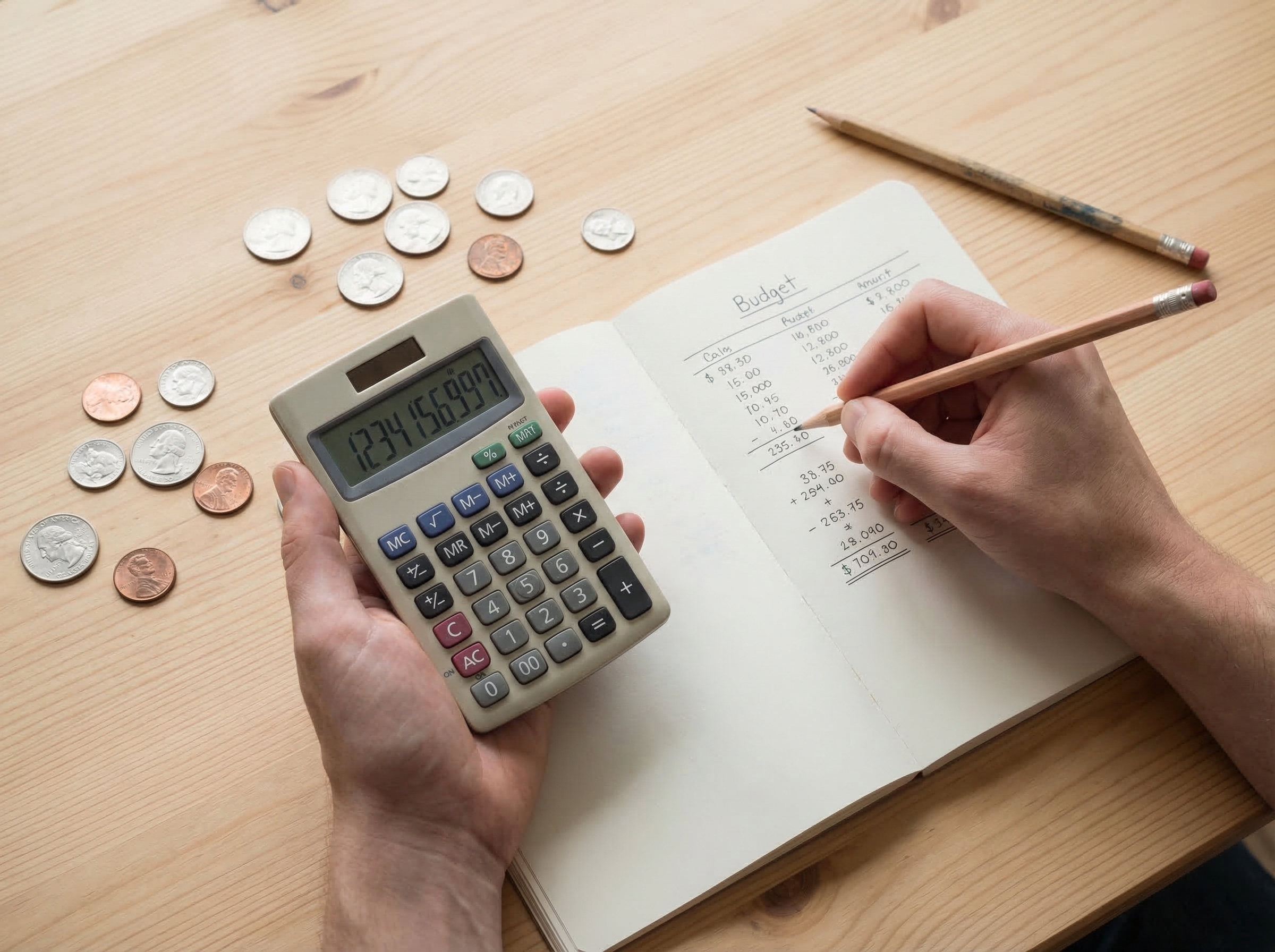 Persona gestionando su presupuesto de loter&iacute;a con una calculadora