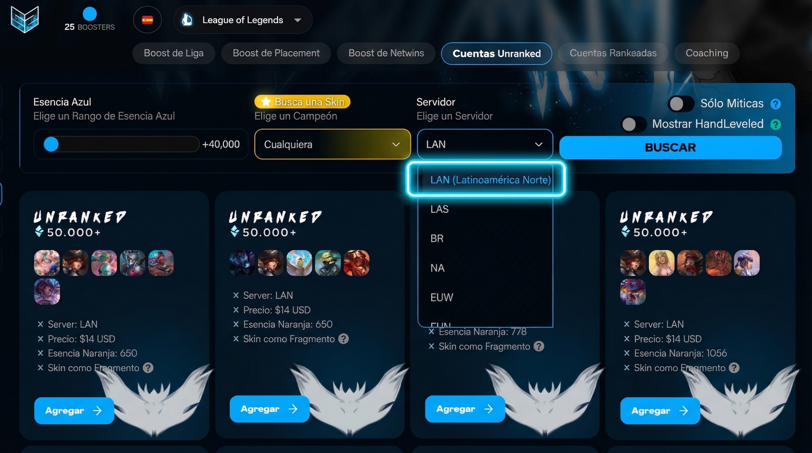 Seleccionar servidor LAN en ezlol.gg