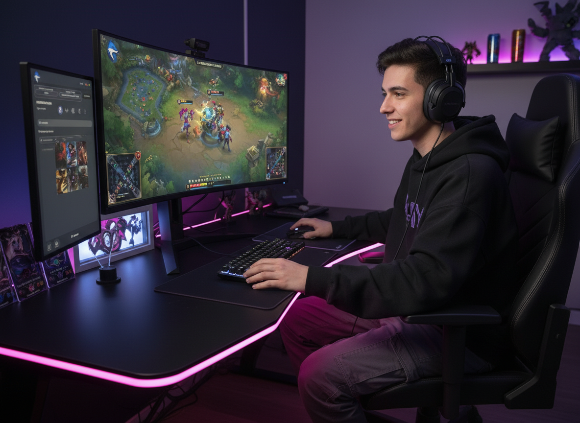 Jugador de League of Legends con auriculares y un ratón gamer