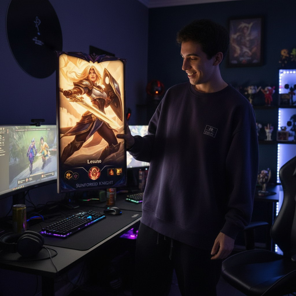 Persona joven gamer admirando un cuadro personalizado de League of Legends con un campeón Support