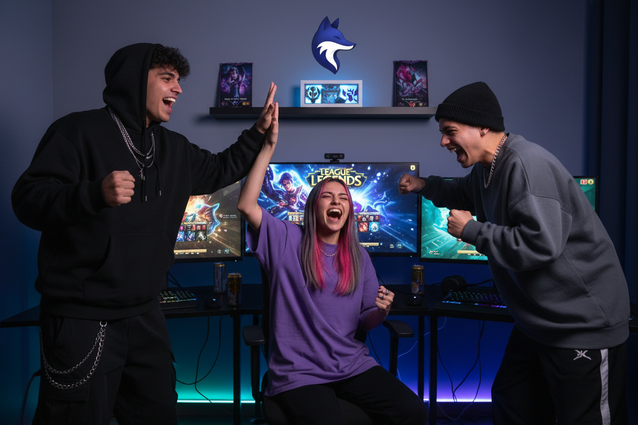 Grupo de amigos gamers celebrando una victoria en League of Legends