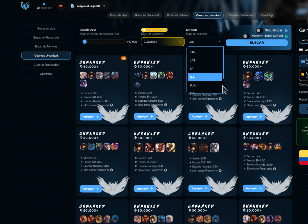 Interfaz de selecci&oacute;n de servidor NA en League of Legends