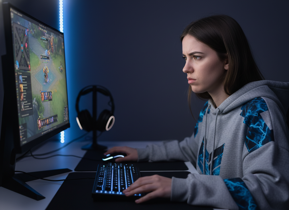 Joven gamer concentrado jugando League of Legends en su PC