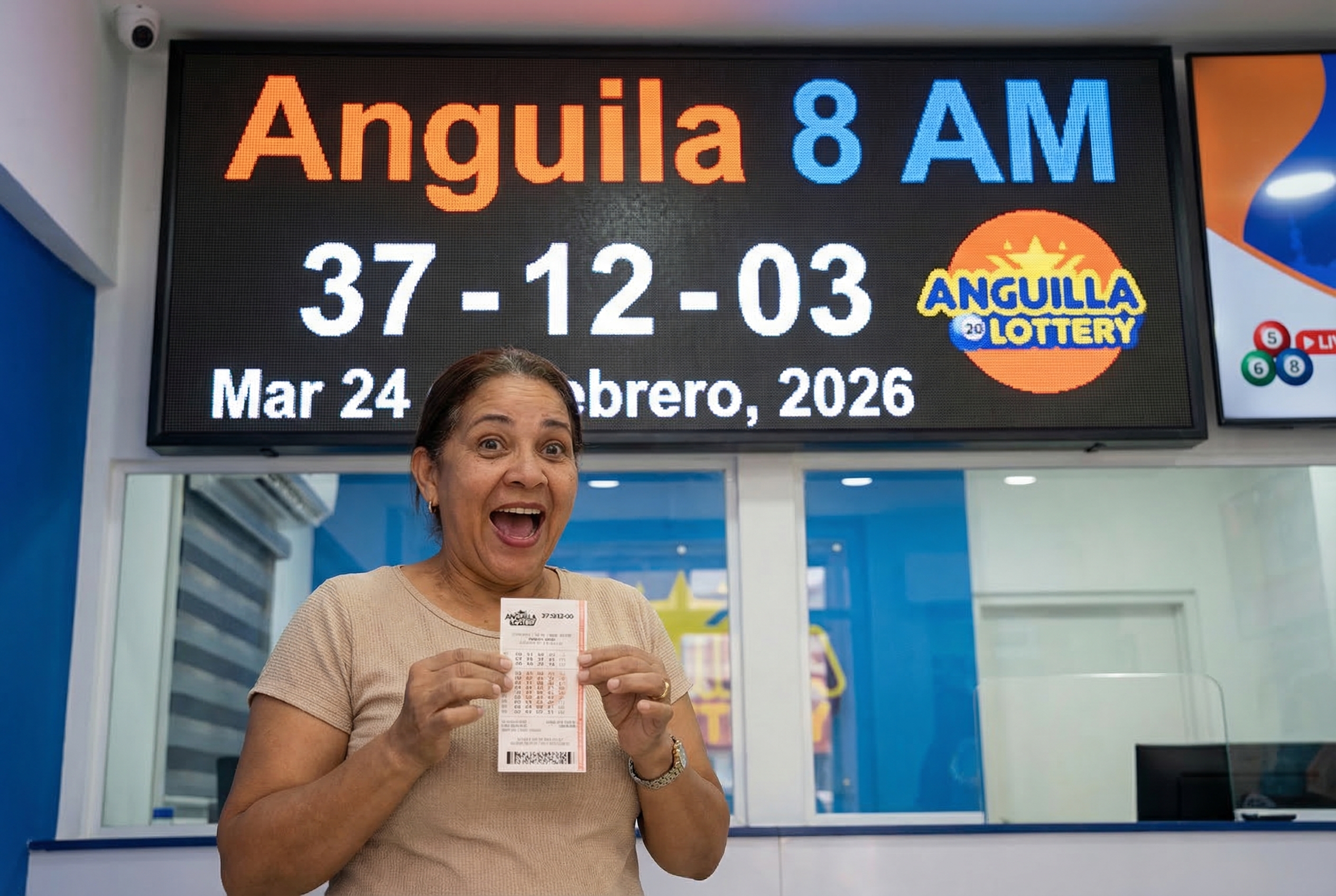 Jugador revisando ticket de loter&iacute;a Anguila 8 AM