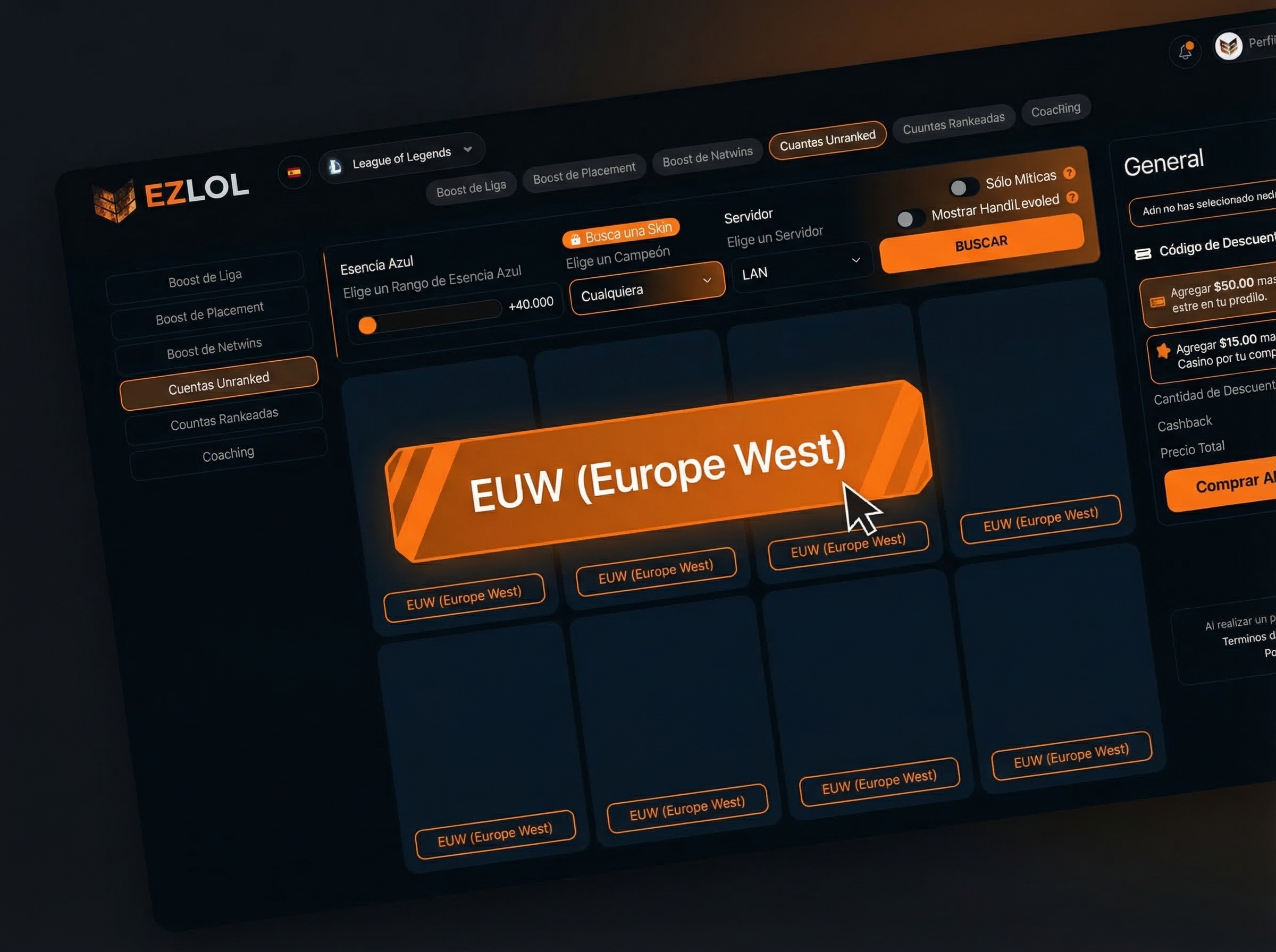 Selecci&oacute;n del servidor EUW en la p&aacute;gina de EZLOL.GG