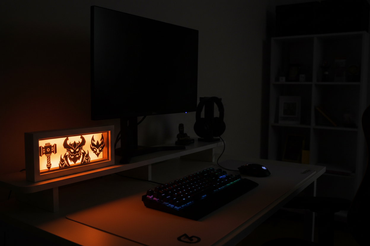 Lámpara de Ornn de Zethacraft en un escritorio gamer