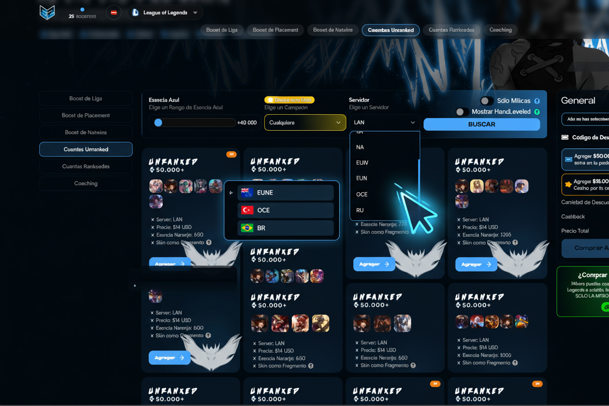 Selecci&oacute;n de servidor para cuenta LoL en ezlol.gg
