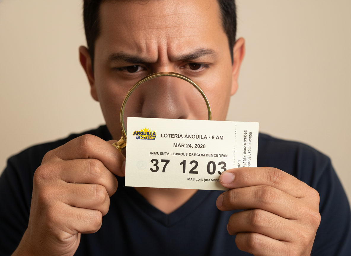 Persona revisando un ticket de loter&iacute;a Anguila 8 AM con lupa, asegur&aacute;ndose de que est&eacute; intacto y legible.