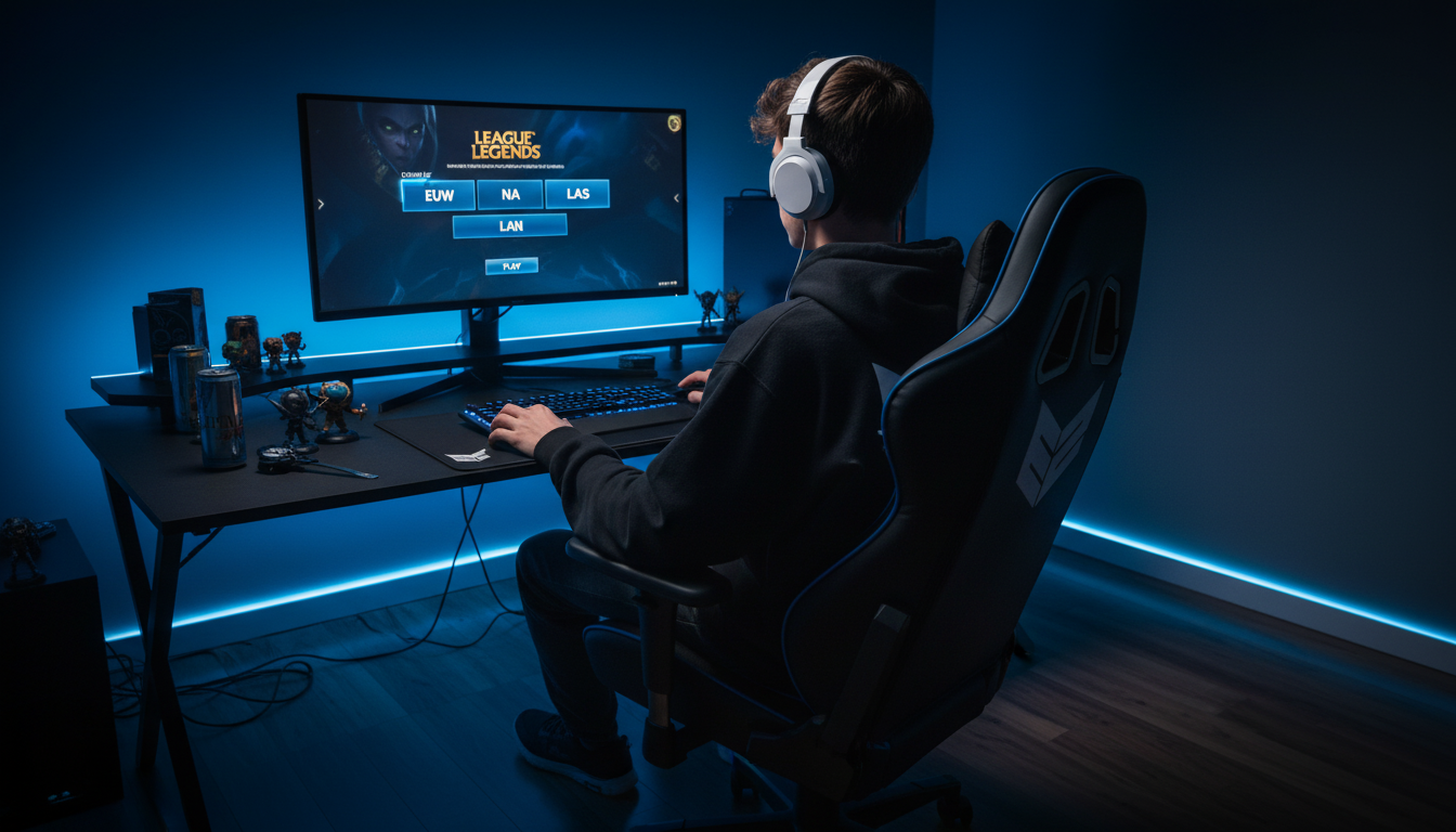 Joven gamer eligiendo servidor de LoL en su PC