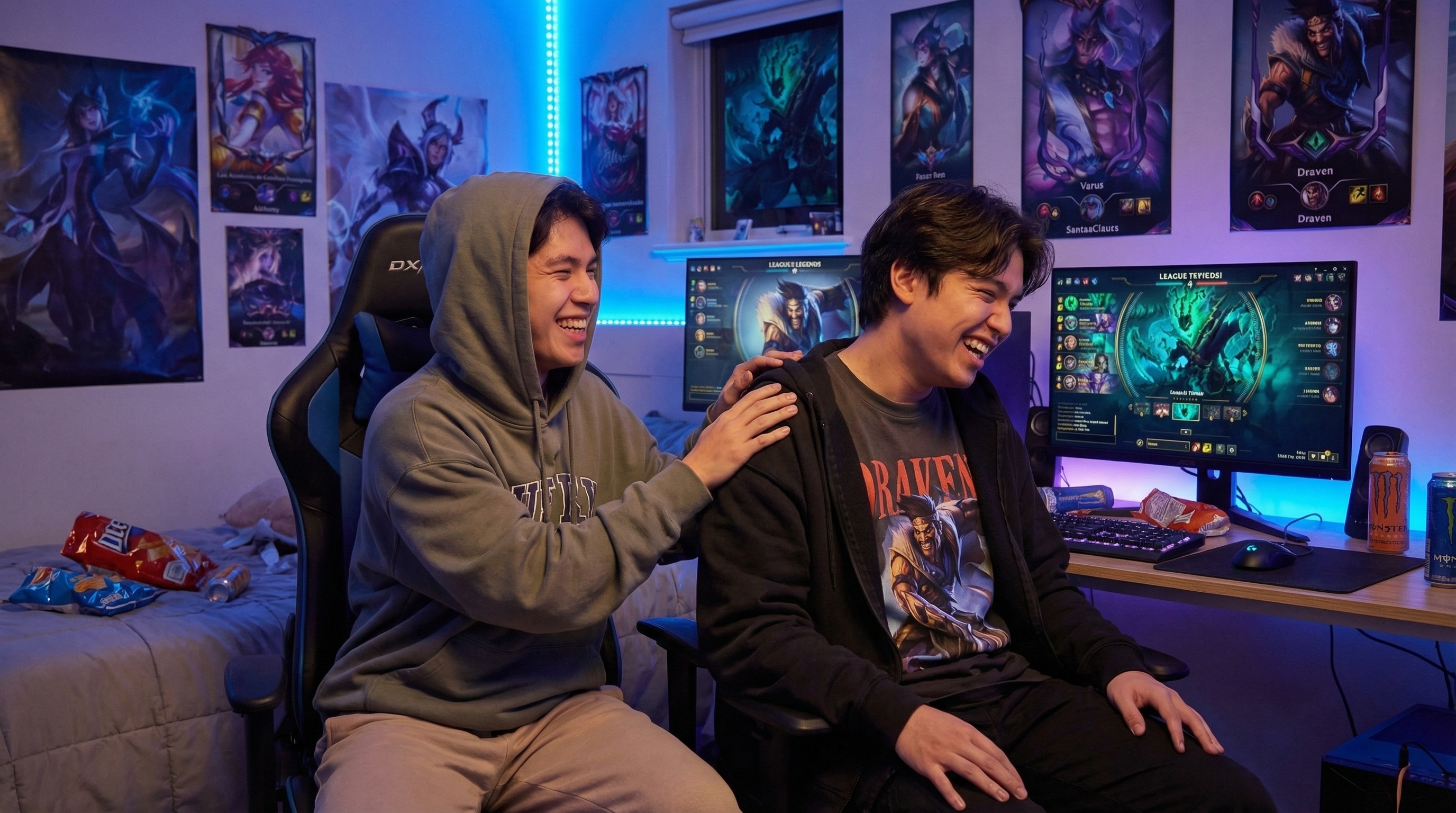 Dos amigos jugando LoL juntos, uno es support