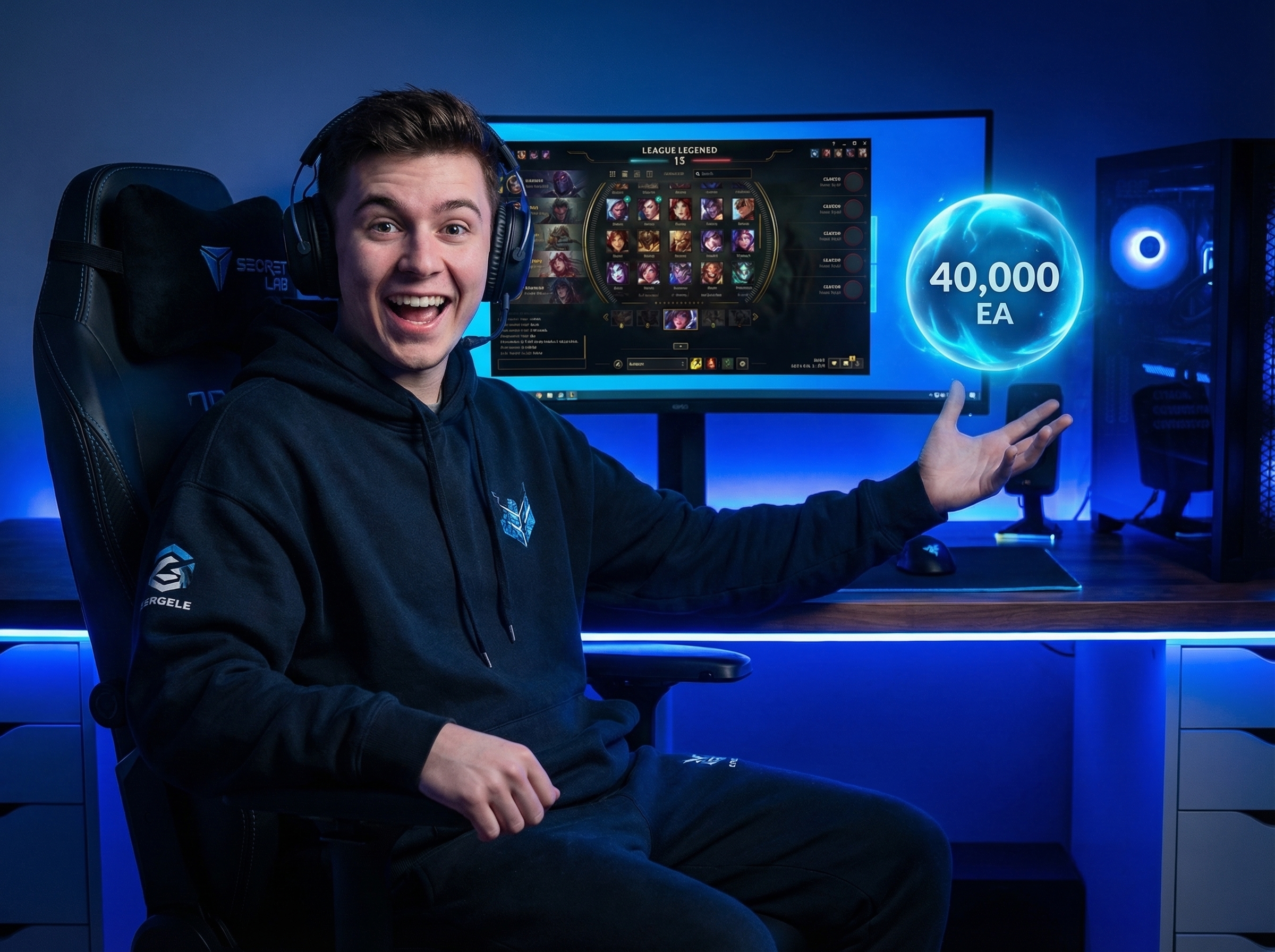 Joven gamer emocionado con su cuenta de LoL de 40.000 EA