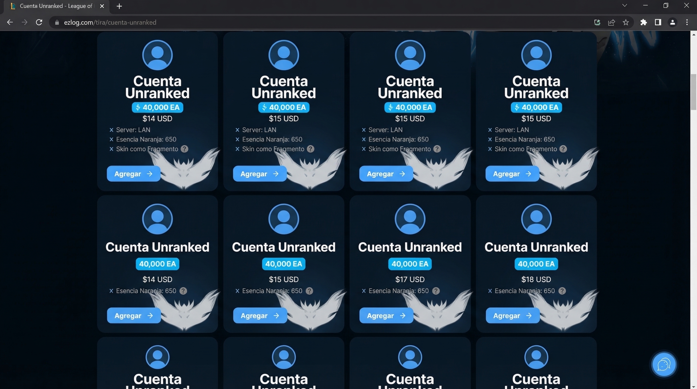 Catálogo de cuentas LoL con 40.000 de Esencia Azul