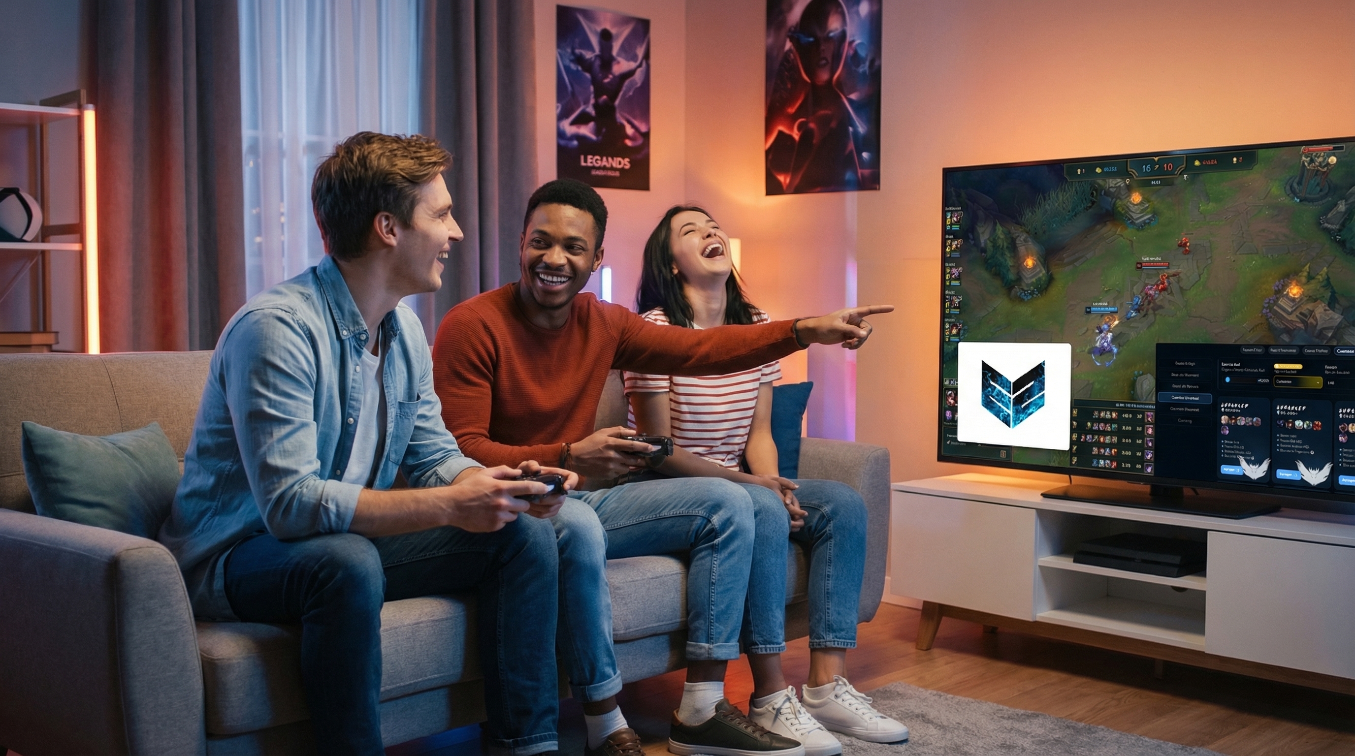 Grupo de amigos gamers jugando LoL juntos