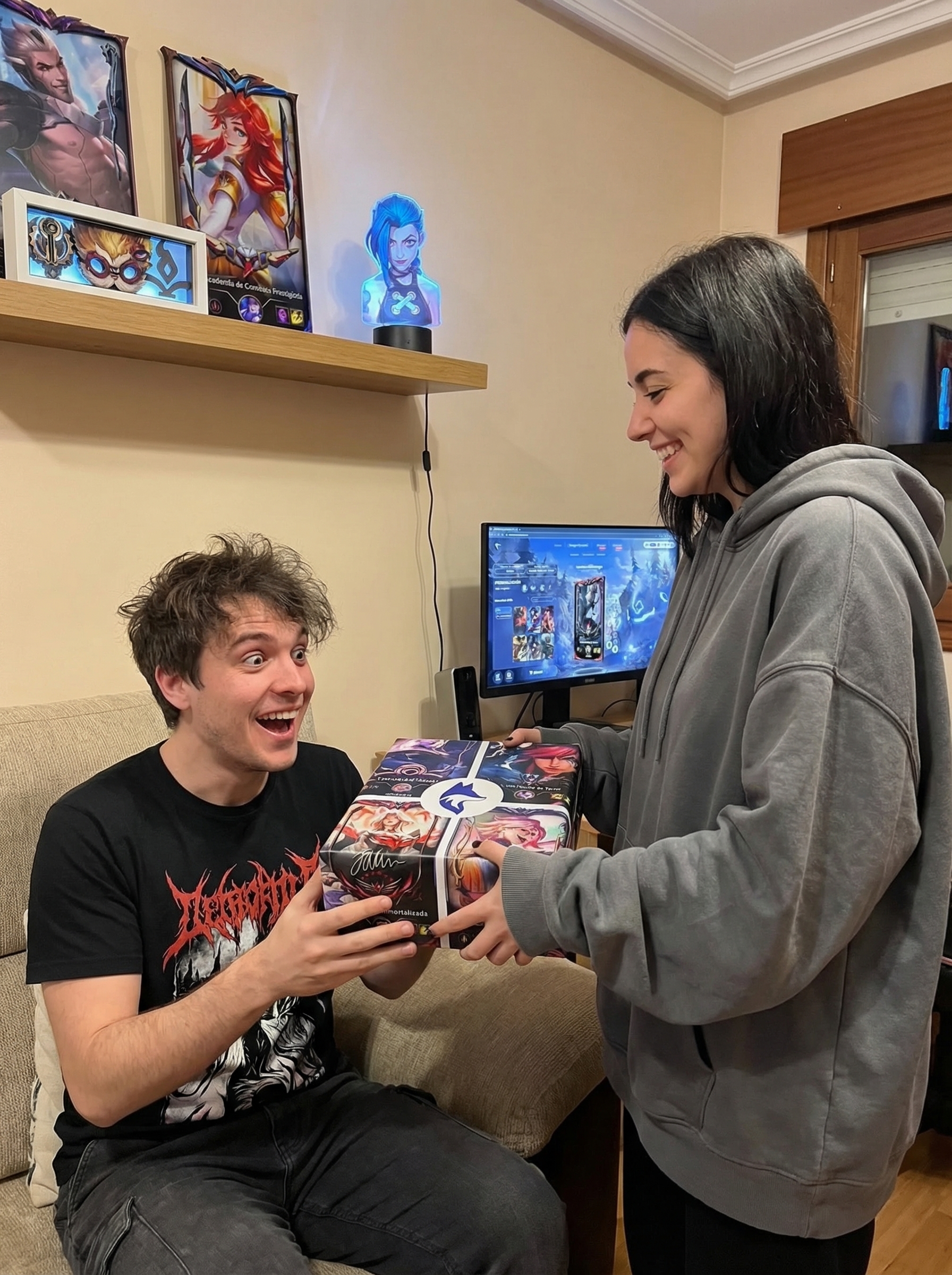 Chica sorprendiendo a su novio con un regalo de LoL