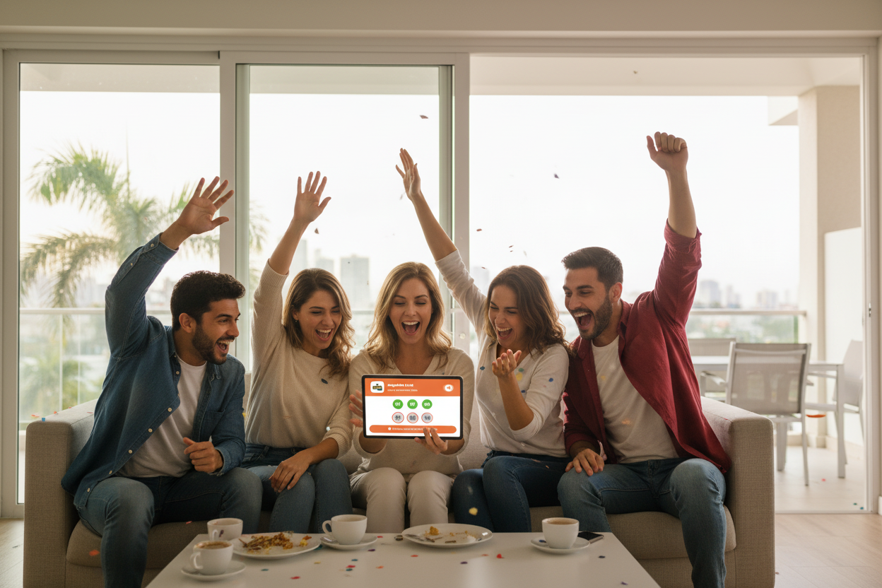 Grupo de amigos celebrando resultados de loter&iacute;a Anguila 8 AM