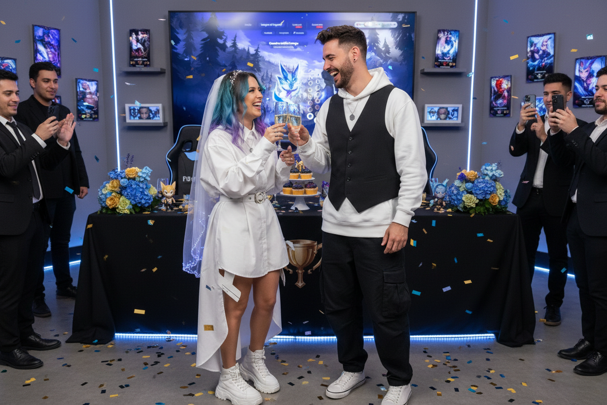 Regalos de LoL para bodas: Pareja gamer celebrando su boda con temática de League of Legends