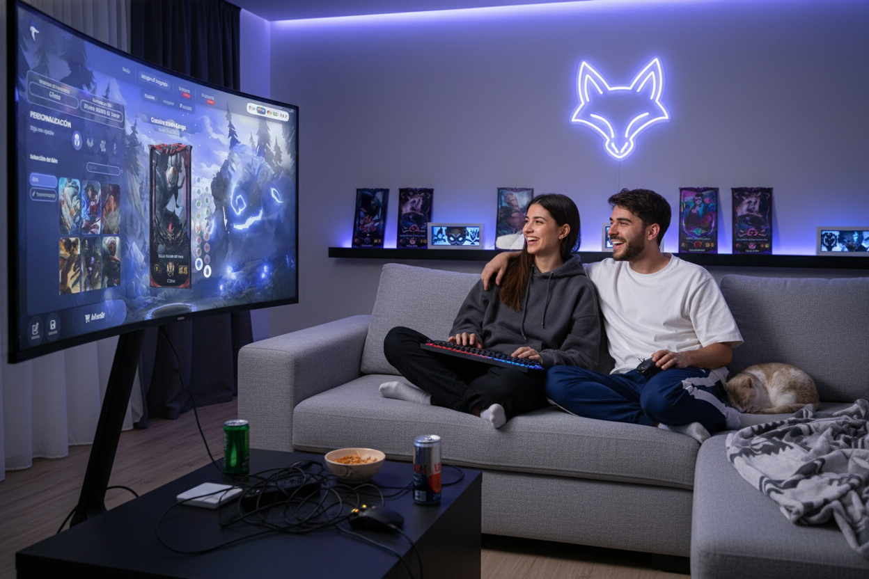Regalos de LoL para bodas: Pareja gamer joven y feliz jugando League of Legends