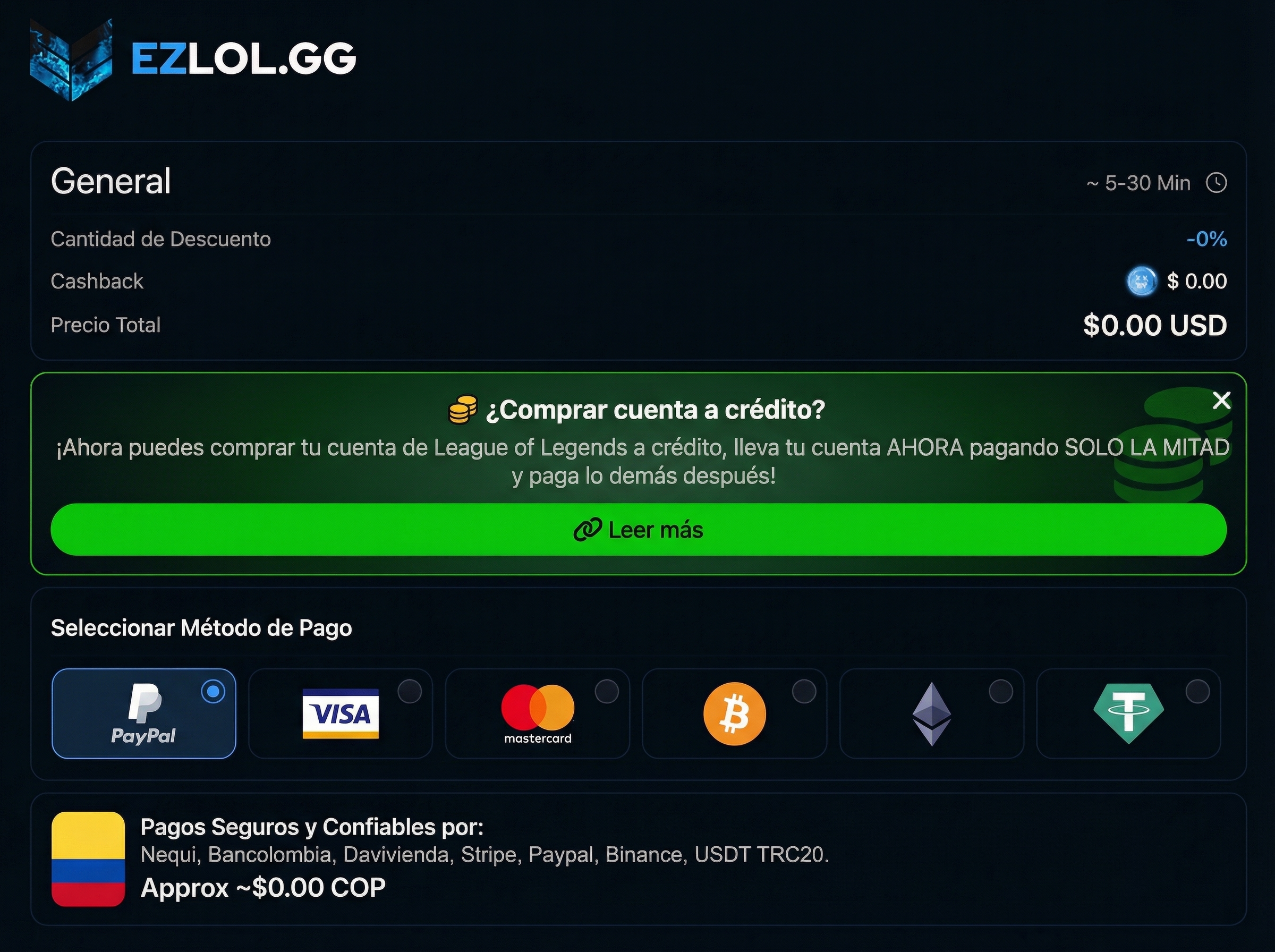 M&oacute;dulo de pago de EZLOL.GG con opciones de PayPal, tarjeta y cr&eacute;dito