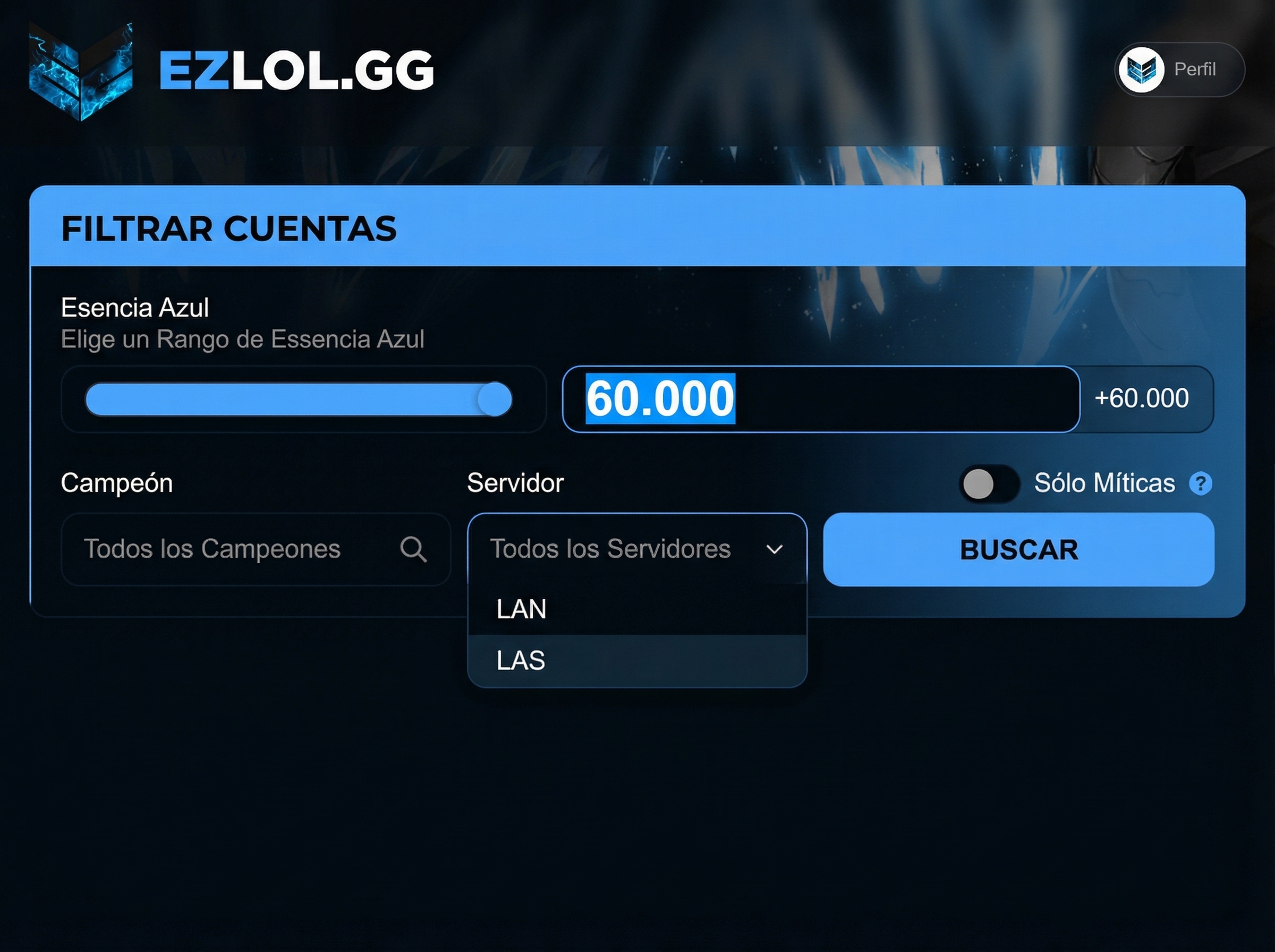 Panel de selecci&oacute;n de Esencia Azul, campe&oacute;n y servidor en EZLOL.GG
