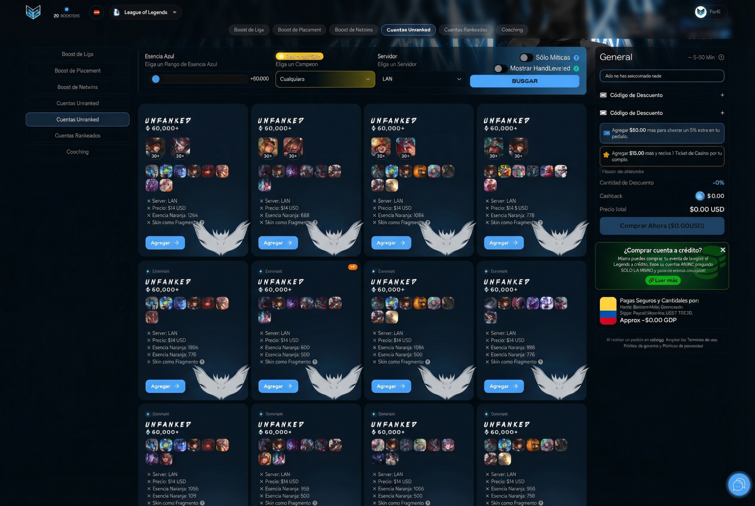 Vista de cuentas unranked de League of Legends con 60000 EA en EZLOL.GG