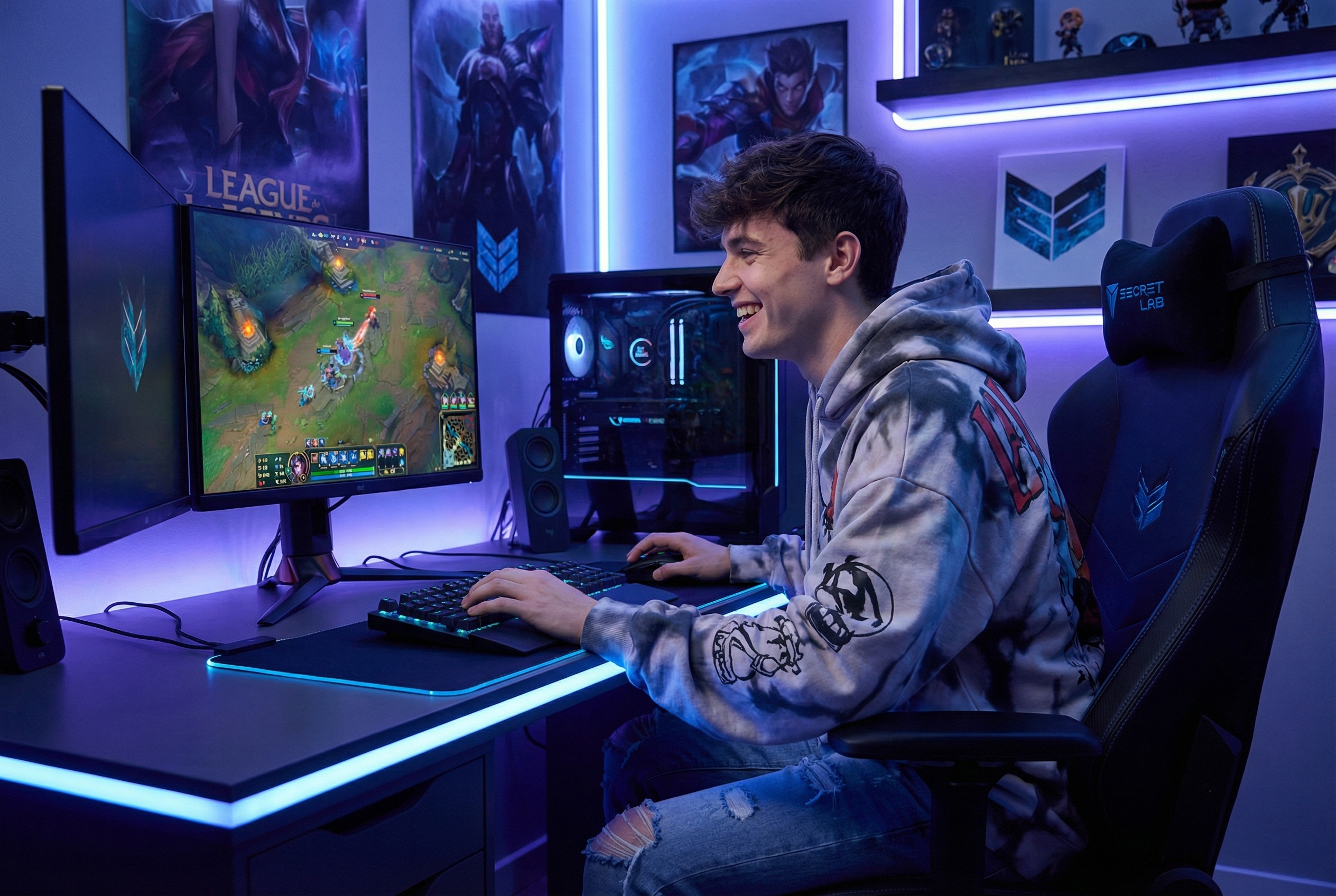 Joven gamer con estilo urbano jugando League of Legends en su PC