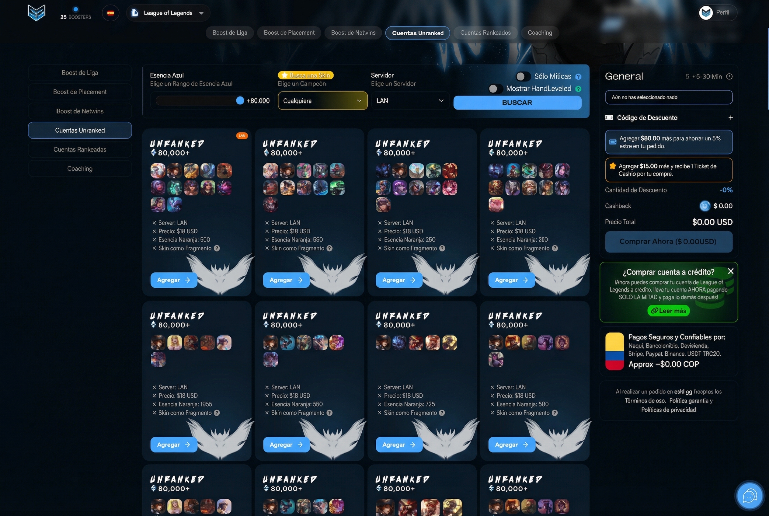 Listado de cuentas LoL con 80000 EA en venta