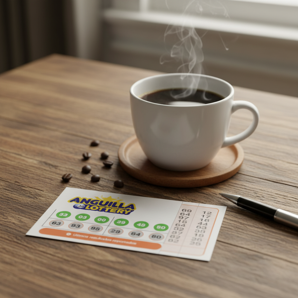 Boleto de loter&iacute;a Anguila junto a un caf&eacute;