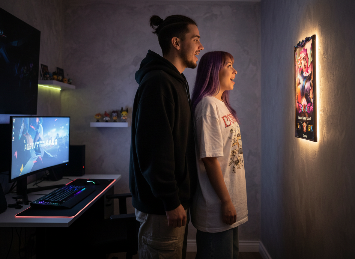 Pareja mirando un cuadro personalizado de League of Legends en su aniversario