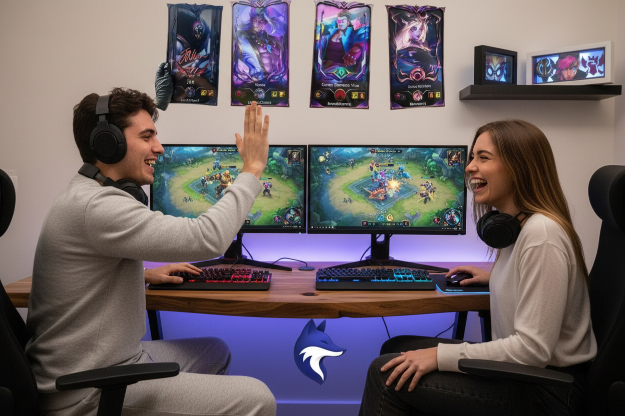 Pareja gamer jugando juntos a League of Legends en su aniversario