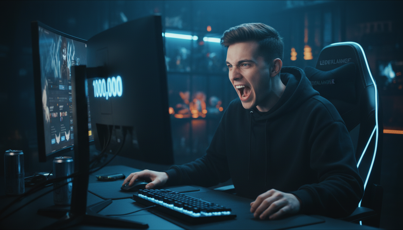 Joven gamer emocionado viendo su cuenta de LoL con 100.000 de Esencia Azul