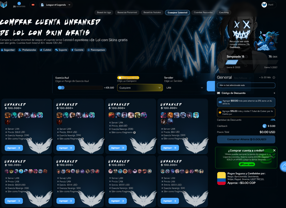 Listado de cuentas de League of Legends con 100.000 de Esencia Azul