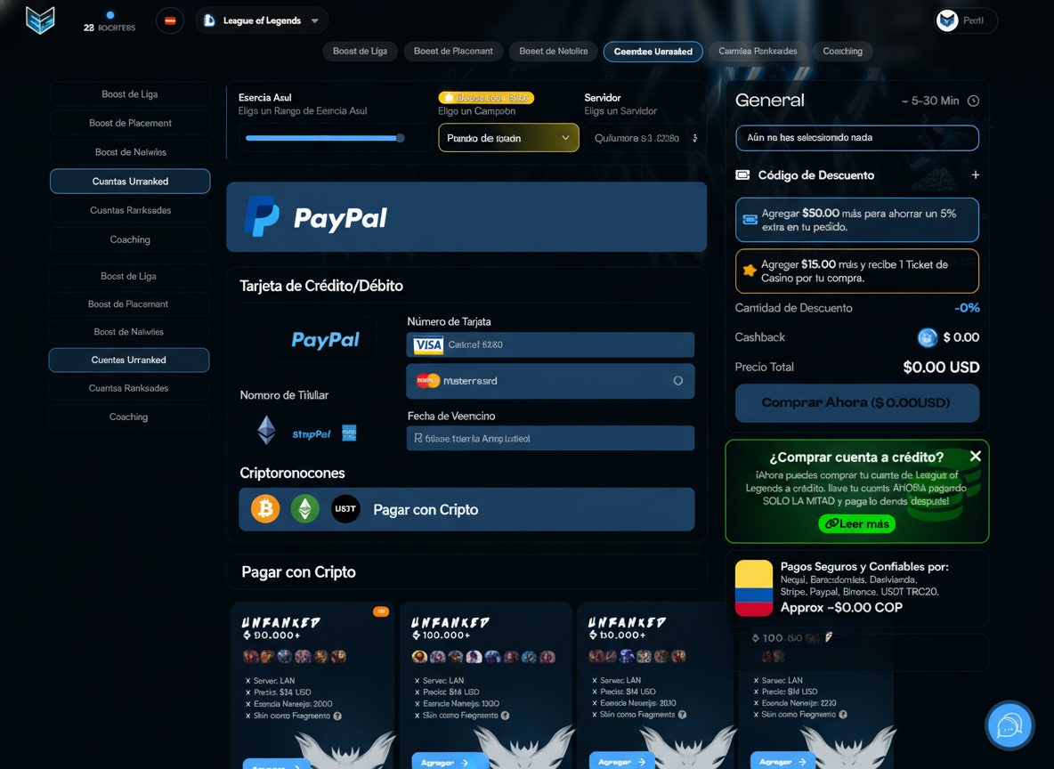 M&oacute;dulo de pago de EZLOL.GG con opci&oacute;n de compra a cr&eacute;dito